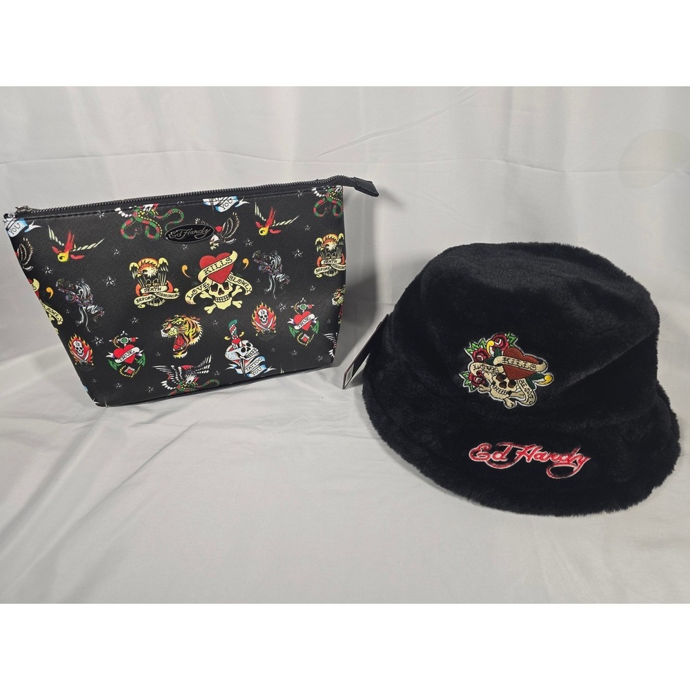 Y2k Ed‎ Hardy Faux Fur Bucket Hat & Tattoo Print Cosmetic Bag Set Black nwt Rock